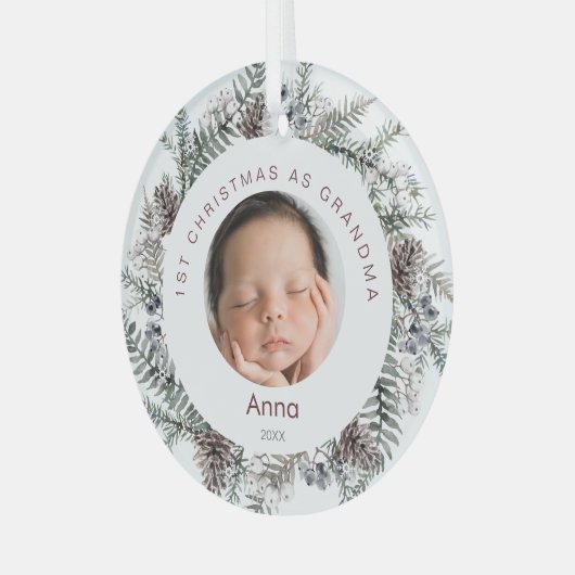 Weihnachten als Oma Baby Foto Foliage Ornament Aus Glas (Vorderseite links)