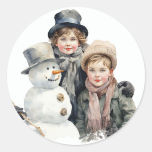Weihnachten Altmodische Kinder Schneemann Aquarell Runder Aufkleber