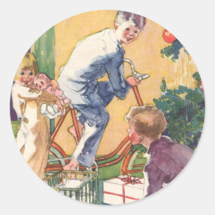 Weihnachten am Morgen, Kinder mit Geschenken Runder Aufkleber