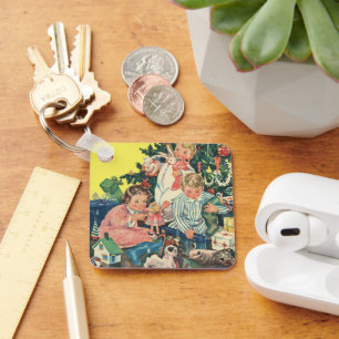 Weihnachten am Morgen, Kinder öffnen Geschenke Schlüsselanhänger