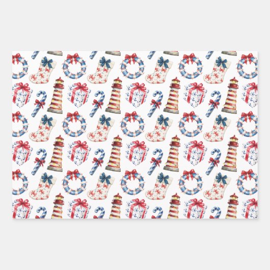 Weihnachten an der Küste Blau und Rot Nautik Geschenkpapier Set (Vorderseite 3)