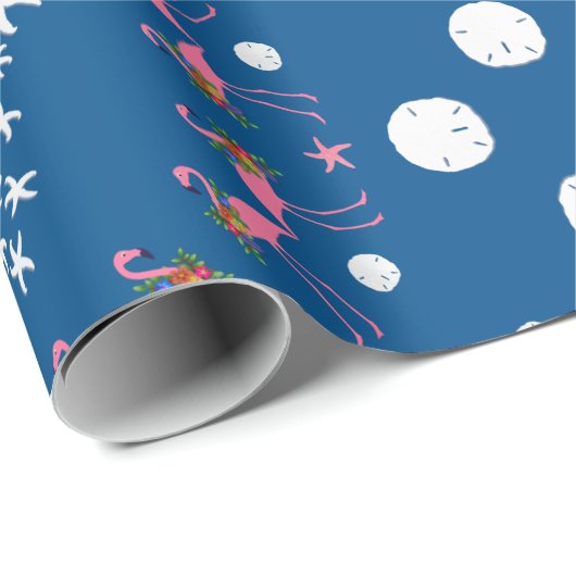 Weihnachten an der Küste Flamingo in Seashells Nav Geschenkpapier (Rolleneckpunkt)