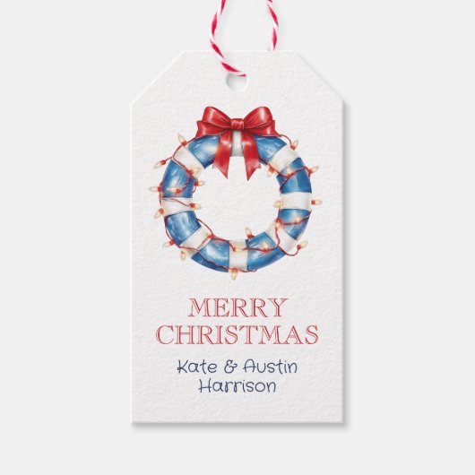 Weihnachten an der Küste Nautical Bow Life Preserv Geschenkanhänger (Vorderseite)