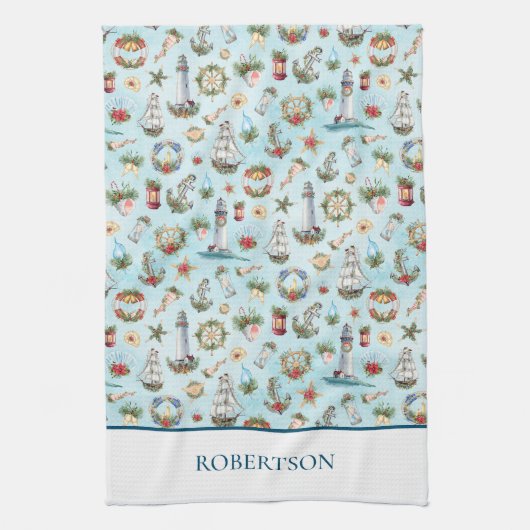 Weihnachten an der Küste Nautical Personalisiert Geschirrtuch (Vertikal)