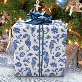 Weihnachten an der Küste Navy Blue Seepferd Glitze Geschenkpapier
