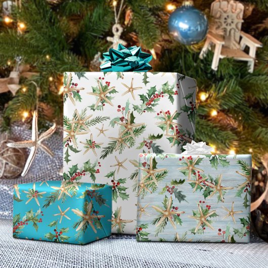 Weihnachten an der Küste Tropischer Strand Starfis Geschenkpapier Set