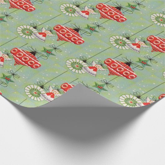 Weihnachten Angel Retro Ornamente auf Grün Geschenkpapier (Ecke)
