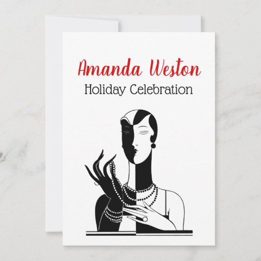 Weihnachten Art Deco Lady mit Perlen Black Transf Einladung (Vorderseite)