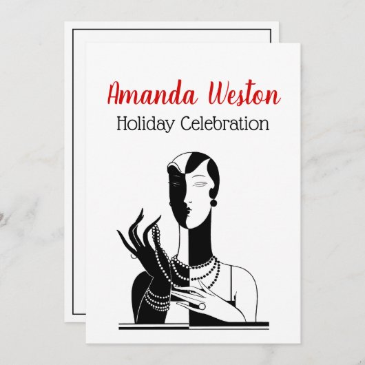 Weihnachten Art Deco Lady mit Perlen Black Transf Einladung (Vorne/Hinten)
