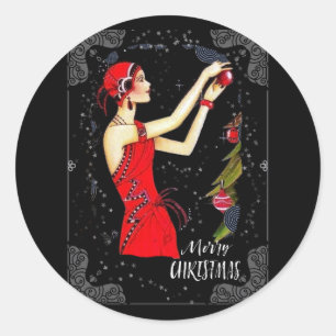 Weihnachten Art Deco Retro Vintage Dame Runder Aufkleber