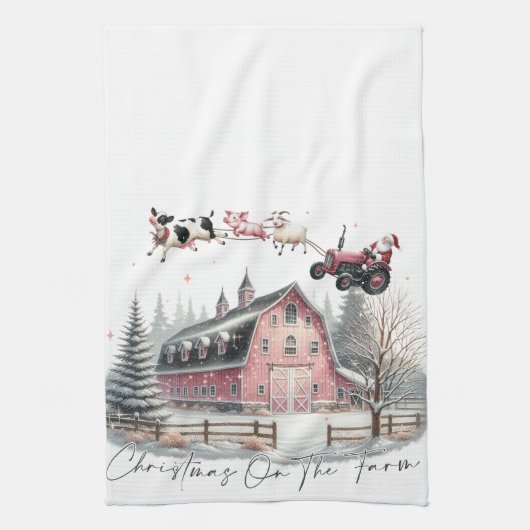 Weihnachten auf dem Bauernhof, frohe Weihnachten Geschirrtuch (Vertikal)