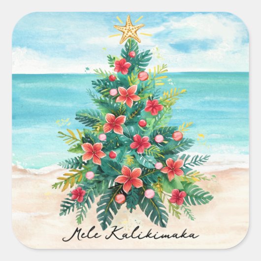 Weihnachten auf Hawaii Tropischer Strand Palmenbau Quadratischer Aufkleber (Vorderseite)