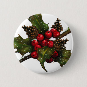 Weihnachten: Beeren, Stechpalme, Kiefern-Kegel: Button