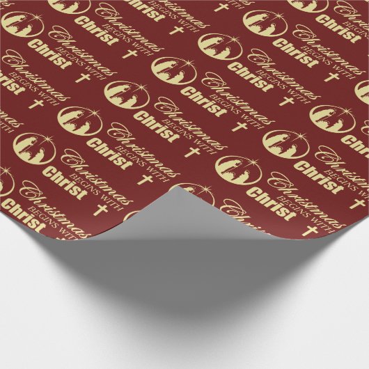 Weihnachten beginnt mit Christus auf Rot Geschenkpapier (Ecke)