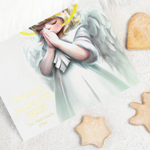 Weihnachten beginnt mit Christus betendem Engel Folien Feiertagspostkarte