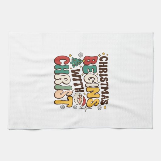 Weihnachten beginnt mit Christus Santa Baum Design Geschirrtuch (Horizontal)