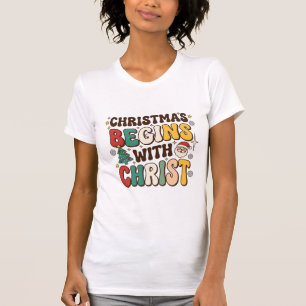 Weihnachten beginnt mit Christus Santa Baum Design T-Shirt