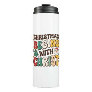 Weihnachten beginnt mit Christus Santa Baum Design Thermosbecher