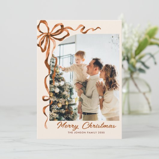 Weihnachten Beige Boho Bow Ribbon 2 Foto (Stehend Vorderseite)