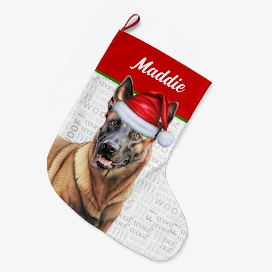 Weihnachten Belgischer Malinois mit Hundenname Großer Weihnachtsstrumpf (Vorderansicht (hängend))