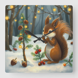 Weihnachten bereit mit dem roten Eichhörnchen im W Quadratische Wanduhr