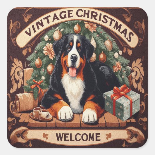 Weihnachten Berner Berg Hund Willkommen Quadratischer Aufkleber (Vorderseite)