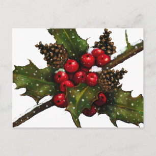 Weihnachten: Berries, Holly, Pine Cones: Kunst Feiertagspostkarte