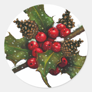Weihnachten: Berries, Holly, Pine Cones: Kunst Runder Aufkleber