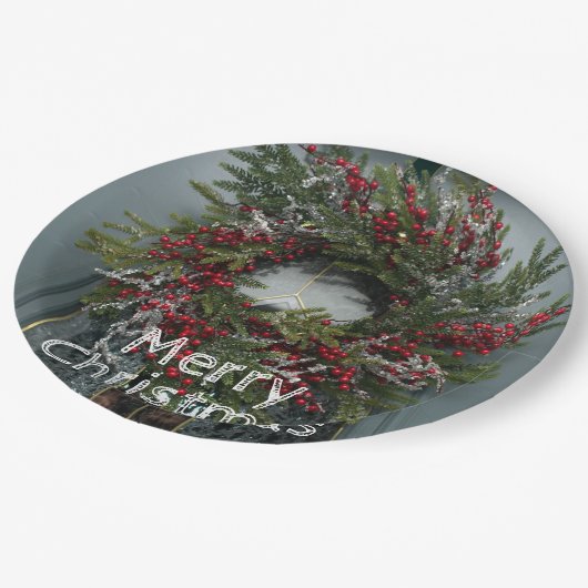 Weihnachten Berry Wreath an der Tür Pappteller (Schrägansicht)