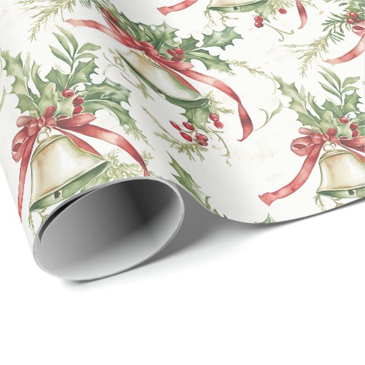 Weihnachten Blätter und Rote Ribbons und Glocke Geschenkpapier (Rolleneckpunkt)