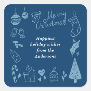 Weihnachten Blau Süße Festliche Handgezeichnete Kr Quadratischer Aufkleber