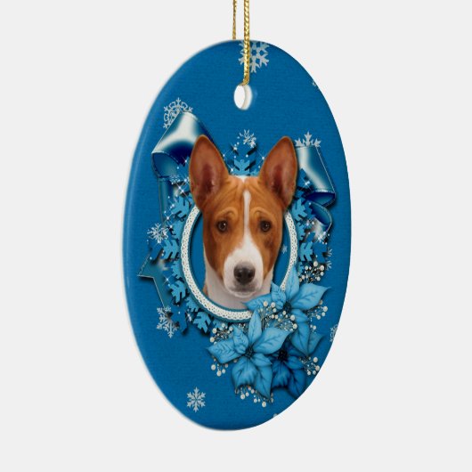 Weihnachten - blaue Schneeflocke - Basenji Keramikornament (Rechts)