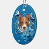 Weihnachten - blaue Schneeflocke - Basenji Keramikornament (Links)
