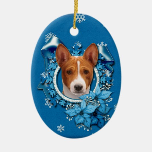 Weihnachten - blaue Schneeflocke - Basenji Keramikornament (Vorne)