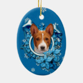 Weihnachten - blaue Schneeflocke - Basenji Keramikornament (Hinten)
