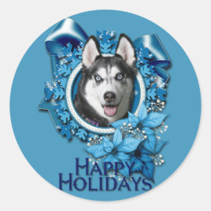 Weihnachten - Blaue Schneeflocken - Sibirischer Hu Runder Aufkleber