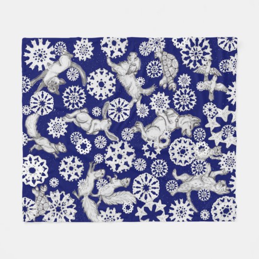 Weihnachten Blaue weiße Tiere & Schneeflocken Urla Fleecedecke (Vorderseite (Horizontal))