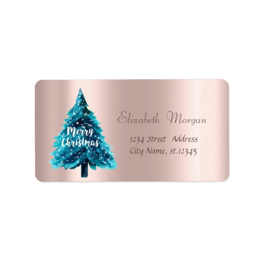 Weihnachten, Blauer Weihnachtsbaum, Rose Gold Adressaufkleber (Vorne)
