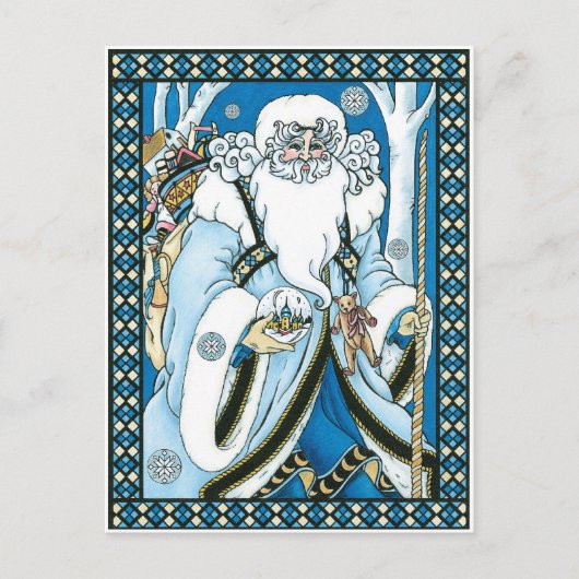 Weihnachten, Blauer Weihnachtsmann mit Snowglobe Feiertagspostkarte (Vorderseite)