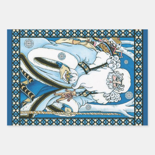 Weihnachten, Blauer Weihnachtsmann mit Snowglobe Geschenkpapier Set (Vorderseite 3)