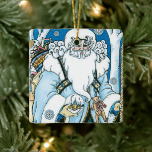 Weihnachten, Blauer Weihnachtsmann mit Snowglobe Keramikornament