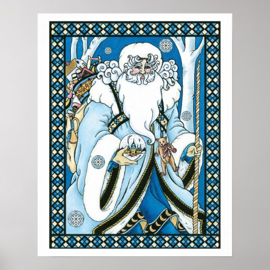 Weihnachten, Blauer Weihnachtsmann mit Snowglobe Poster (Vorne)