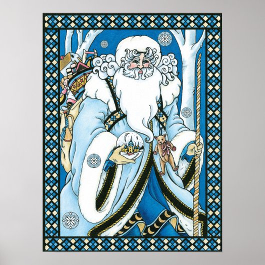 Weihnachten, Blauer Weihnachtsmann mit Snowglobe Poster (Vorne)