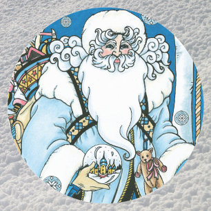 Weihnachten, Blauer Weihnachtsmann mit Snowglobe Runder Aufkleber
