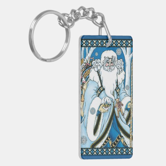 Weihnachten, Blauer Weihnachtsmann mit Snowglobe Schlüsselanhänger (Vorderseite links)