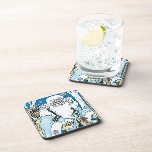 Weihnachten, Blauer Weihnachtsmann mit Snowglobe Untersetzer (Rechte Seite)