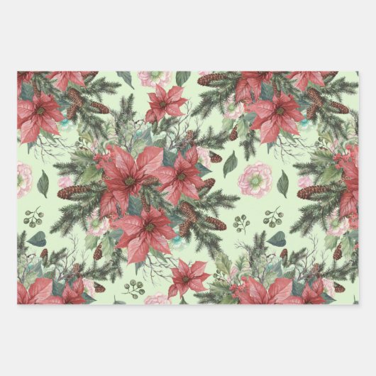 Weihnachten Blume Poinsettia Pinecones Geschenkpapier Set (Vorderseite)