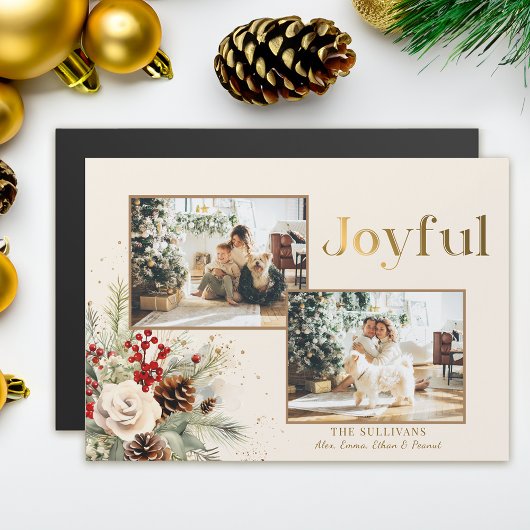 Weihnachten Blumengolden Joyful Text 2-Foto Magnetkarte