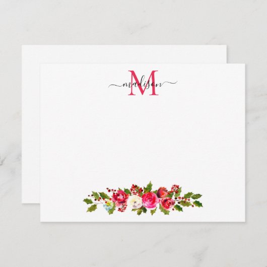Weihnachten Blumengrün Holly Berries Monogram Mitteilungskarte (Vorne/Hinten)