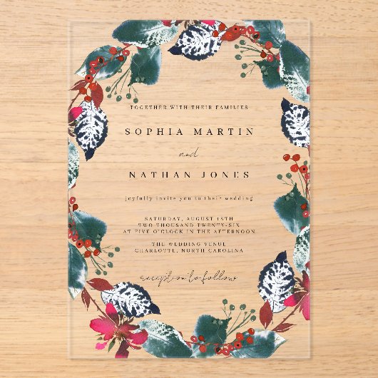 Weihnachten Blumenleaf Clear Wedding Acrylic Acryleinladungen (Vorderseite)